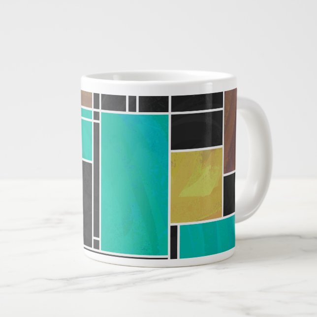 Mondrian Teal Brown Black Print Large Coffee Mug (Front Right)