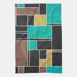 Mondrian Teal Brown Black Print Tea Towel
