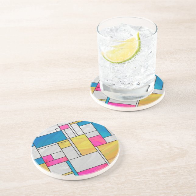 Mondrian Yellow Pink Blue Print Coaster (Side)