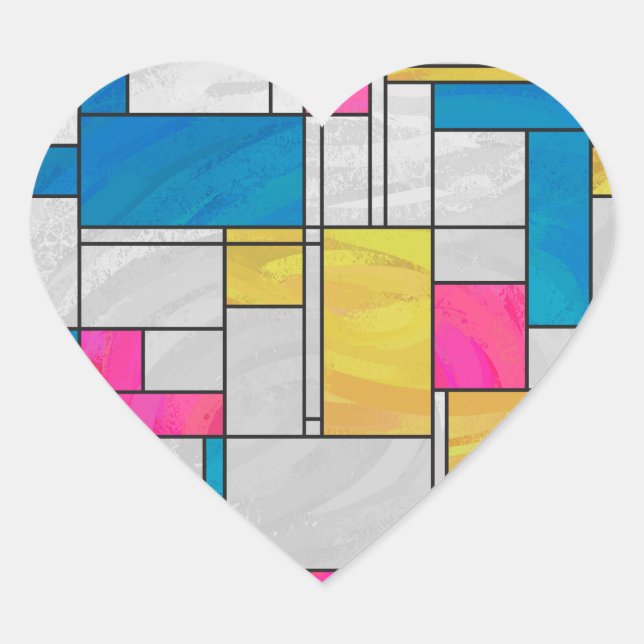 Mondrian Yellow Pink Blue Print Heart Sticker (Front)