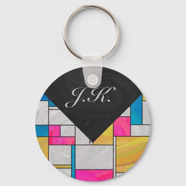 Mondrian Yellow Pink Blue Print Key Ring (Front)