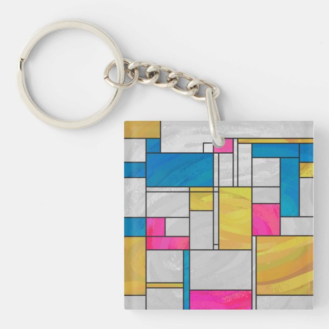 Mondrian Yellow Pink Blue Print Key Ring (Front)