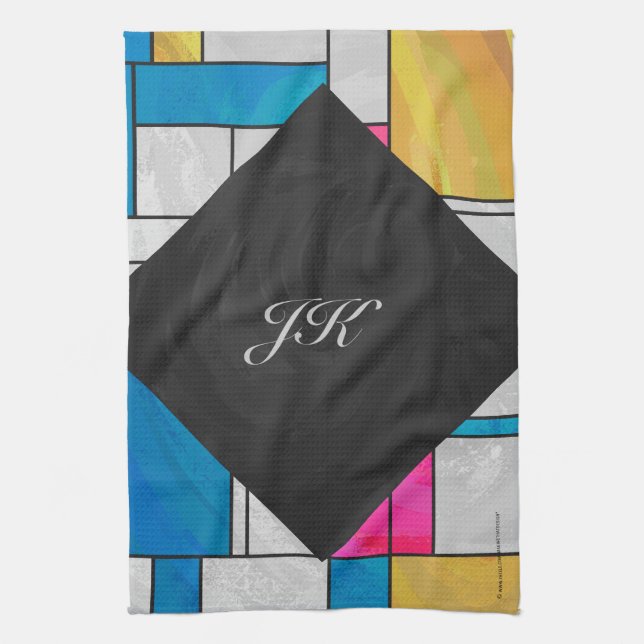 Mondrian Yellow Pink Blue Print Tea Towel (Vertical)