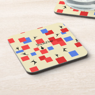 Mondrian's Dancing Cubes Blue Red Light Background Coaster