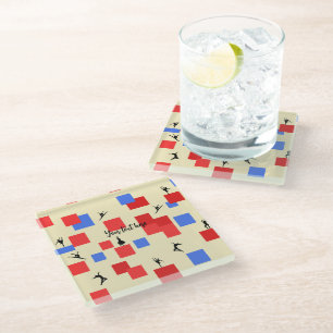 Mondrian's Dancing Cubes Blue Red Light Background Glass Coaster
