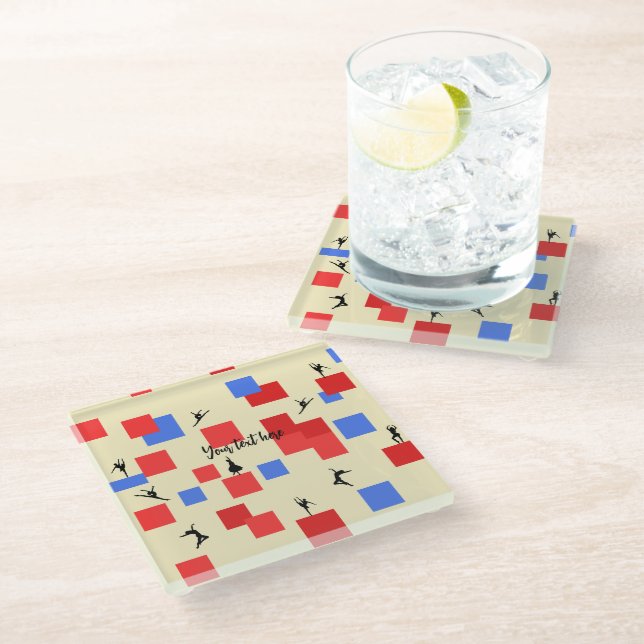 Mondrian's Dancing Cubes Blue Red Light Background Glass Coaster (Angled)