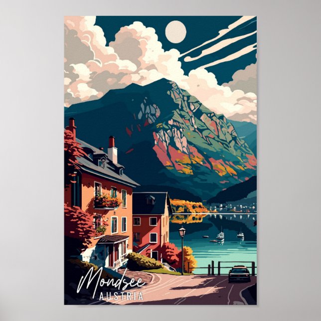 Mondsee Austria vintage travel art illustration Poster (Front)