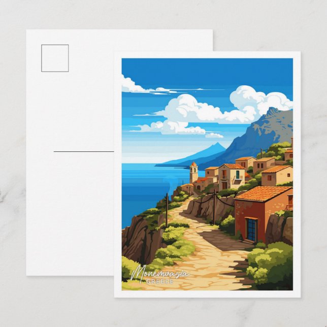 Monemvasia Greece Travel Vintage Illustration Postcard (Front/Back)