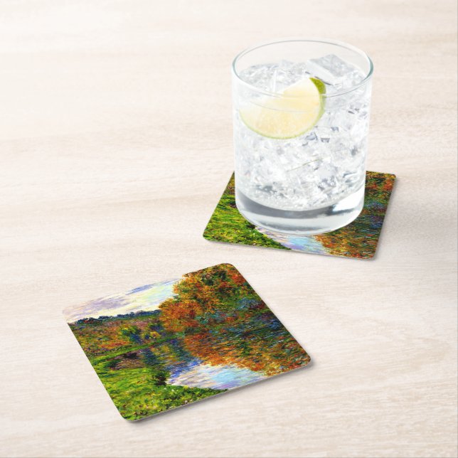 Monet - Arm of the Jeufosse, Autumn, Square Paper Coaster (Insitu)