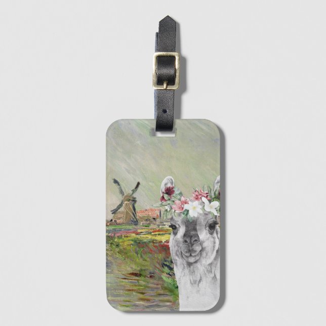 Monet Champ Tulipes and Fancy Llama Luggage Tag (Front Vertical)