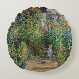 Monet Garden Vetheuil Impressionim Flower Painting Round Cushion