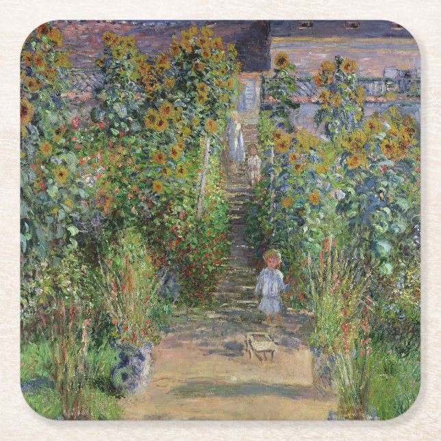 Monet Garden Vetheuil Impressionim Painting Square Paper Coaster (Front)
