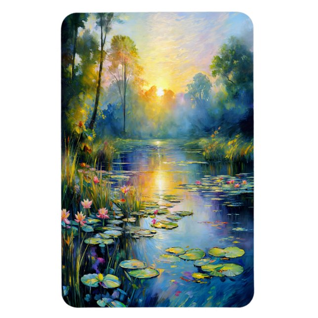 Monet-Inspired Lily Pond at Sunrise Impressionist  Magnet (Vertical)