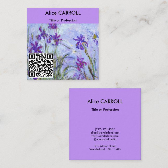 Monet - Lilac Irises / Iris Mauves - QR Code Square Business Card (Front/Back)