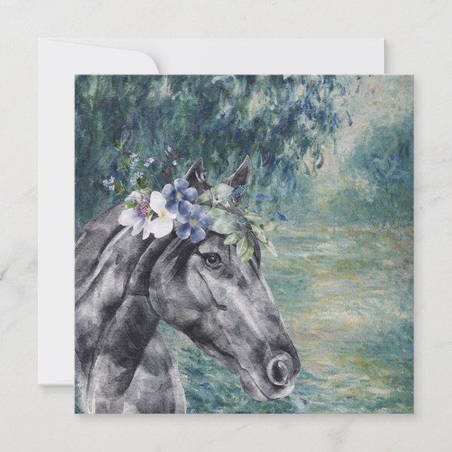 Monet Morning Seine and Black Horse Greeting Card (Front)