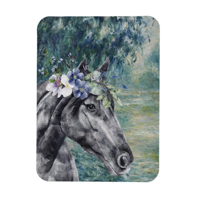 Monet Morning Seine and Black Horse Magnet (Vertical)