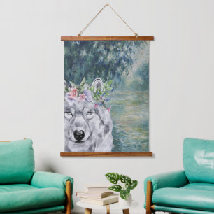 Monet Morning Seine and Grey Wolf Hanging Tapestry