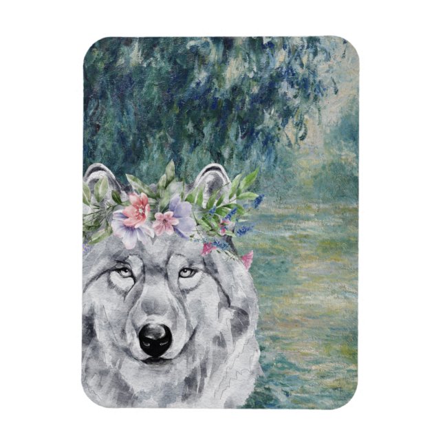 Monet Morning Seine and Grey Wolf Magnet (Vertical)