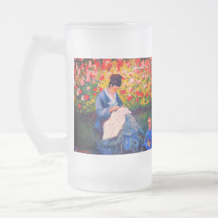 Monet Mother and Child in Garden Frosted Glass Beer Mug