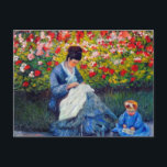 Monet Mother and Child in Garden Postcard<br><div class="desc">Postcard featuring Claude Monet’s oil painting Camille Monet and a Child in the Artist’s Garden in Argenteuil (1875). A woman and kid dressed in blue sew and read in a garden of red and white flowers. A great Monet gift for fans of impressionism and French art.</div>