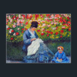 Monet Mother and Child in Garden Postcard<br><div class="desc">Postcard featuring Claude Monet’s oil painting Camille Monet and a Child in the Artist’s Garden in Argenteuil (1875). A woman and kid dressed in blue sew and read in a garden of red and white flowers. A great Monet gift for fans of impressionism and French art.</div>