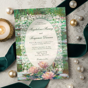 Monet Pink Water Lily Pond Floral Lace Wedding Invitation