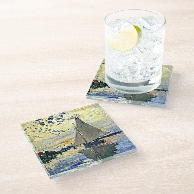 Monet - Sailboat at le Petit Gennevilliers Glass Coaster (Angled)