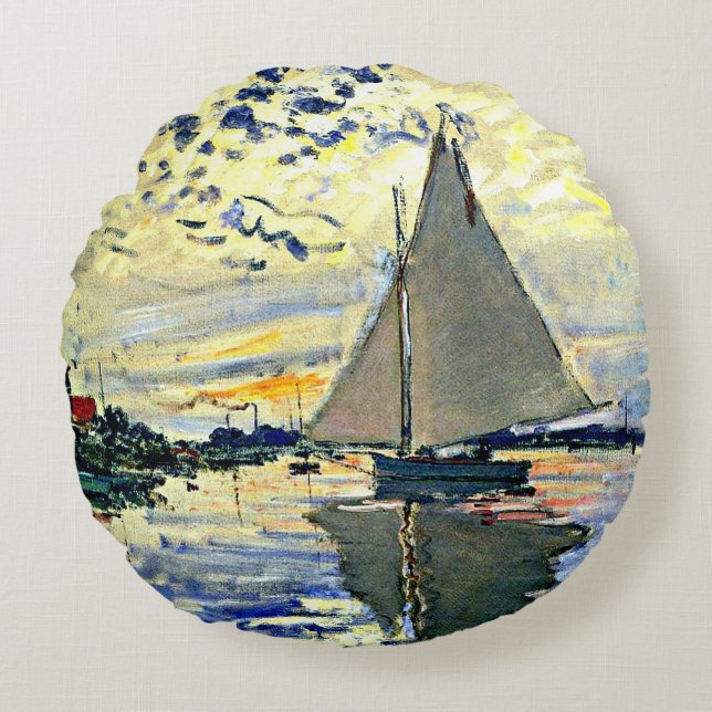 Monet - Sailboat at le Petit GENNEVILLIERS Round Cushion (Front)