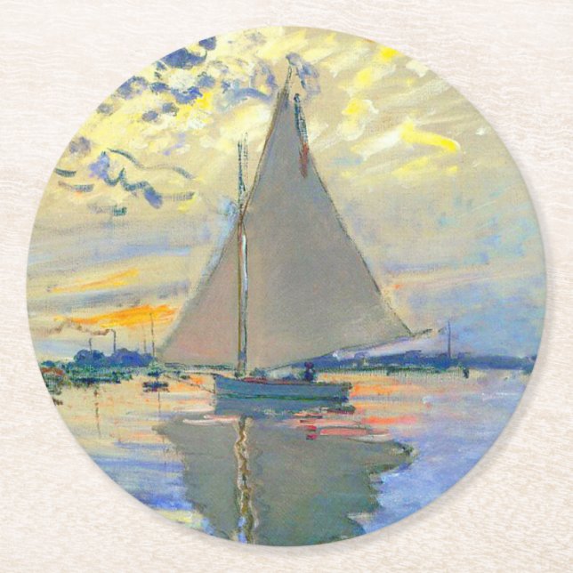 Monet Sailboat at Le Petit-Gennevilliers Round Paper Coaster (Front)
