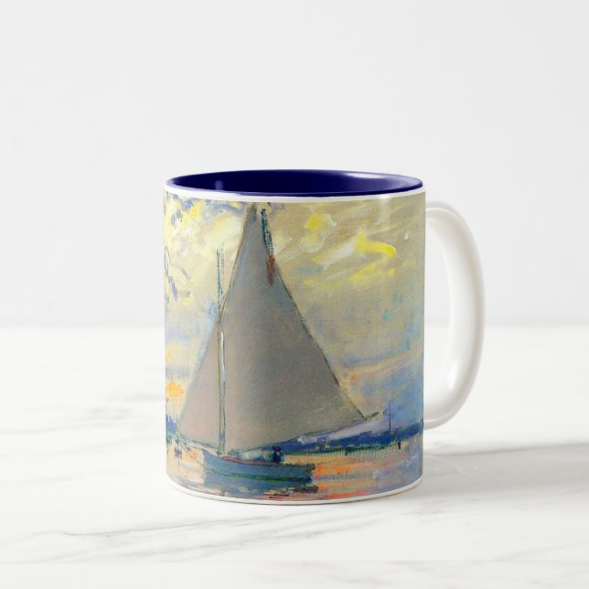 Monet Sailboat at Le Petit-Gennevilliers Two-Tone Coffee Mug (Front Right)