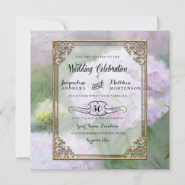 Monet Style Hydrangea Floral Art Gold Typography Invitation (Front)