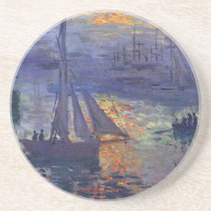 Monet sunrise at sea sailboat painting boating art coaster