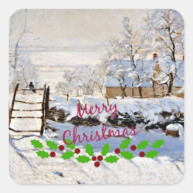 Monet - The Magpie with Christmas holly Square Sticker (Front)