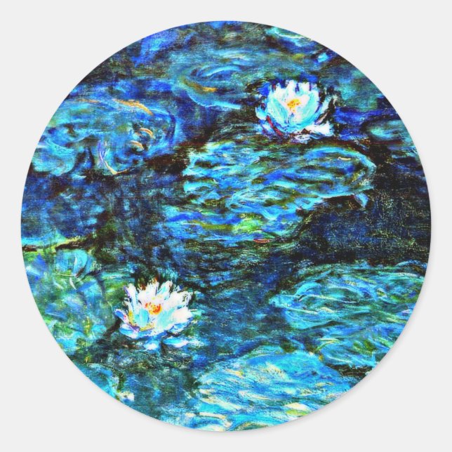 Monet - Water Lilies, Blue Classic Round Sticker (Front)