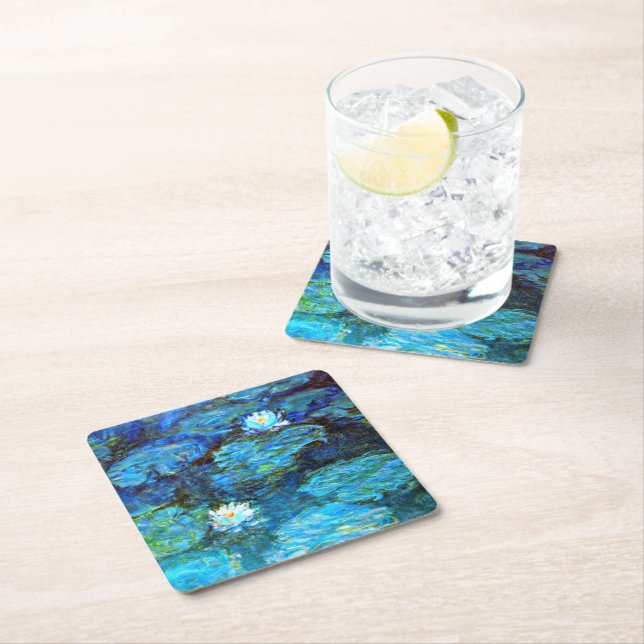 Monet - Water Lilies (blue) Square Paper Coaster (Insitu)