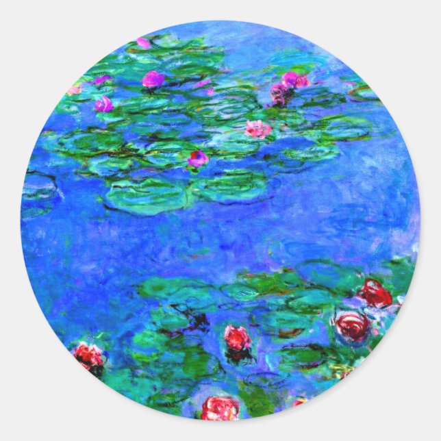 Monet - Water Lilies (red), famous painting, Classic Round Sticker (Front)