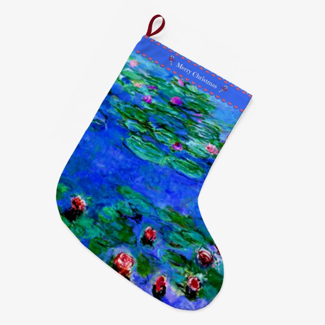 Monet - Water Lilies (red) Large Christmas Stocking (Front (Hanging))