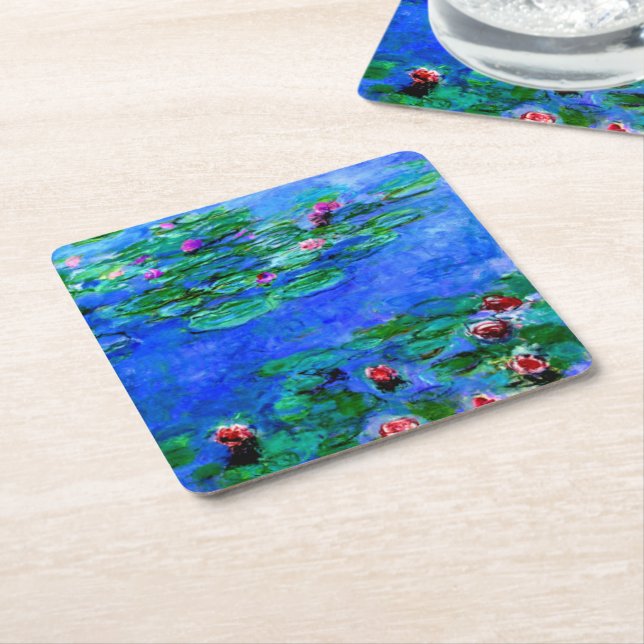 Monet - Water Lilies (red) Square Paper Coaster (Angled)
