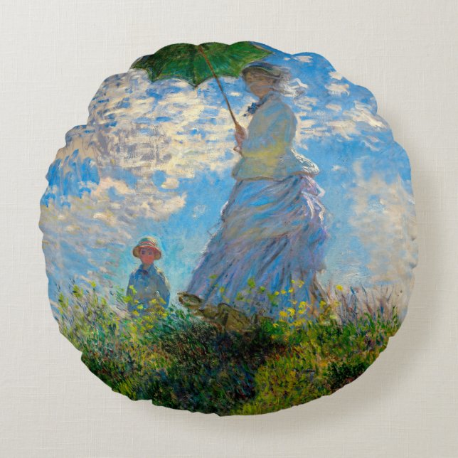 Monet Woman Parasol Impressionism Round Cushion (Front)