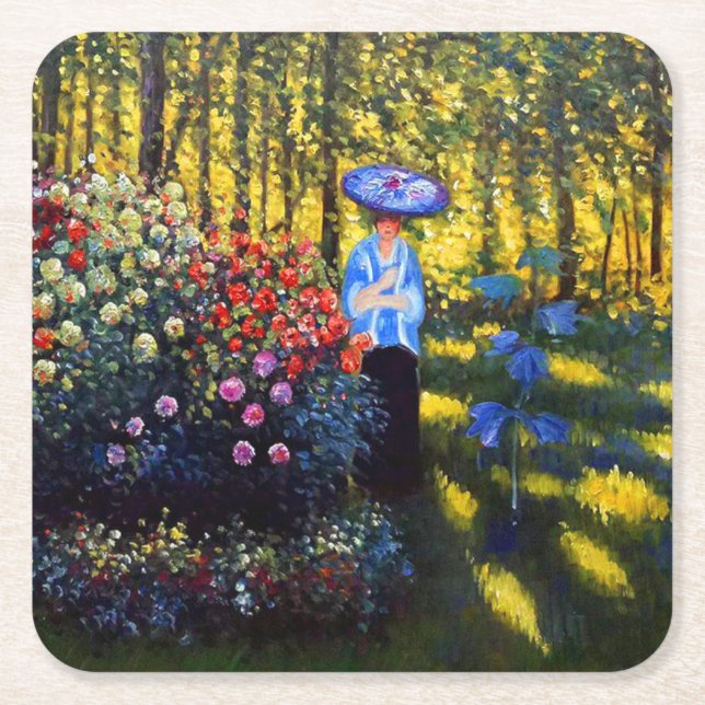 Monet Woman with a Parasol in Garden Square Paper Coaster (Front)