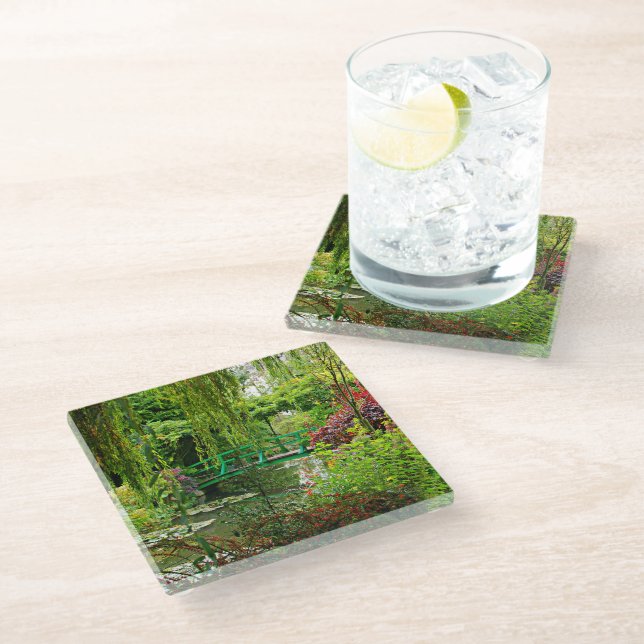 Monet's bridge over lily pond, Monet's garden Glass Coaster (Angled)