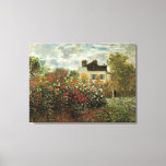 Monet's Garden at Argenteuil by Claude Monet Canvas Print<br><div class="desc">The Artist's Garden in Argenteuil (A Corner of the Garden with Dahlias) (1873) by Claude Monet is a vintage impressionism fine art floral nature painting. A country farm house is in the background. A couple in love is walking past a romantic spring season garden with blooming roses and other flowers....</div>