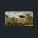 Monet's Garden at Argenteuil by Claude Monet Label<br><div class="desc">The Artist's Garden in Argenteuil (A Corner of the Garden with Dahlias) (1873) by Claude Monet is a vintage impressionism fine art floral nature painting. A country farm house is in the background. A couple in love is walking past a romantic spring season garden with blooming roses and other flowers....</div>
