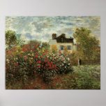 Monet's Garden at Argenteuil by Claude Monet Poster<br><div class="desc">The Artist's Garden in Argenteuil (A Corner of the Garden with Dahlias) (1873) by Claude Monet is a vintage impressionism fine art floral nature painting. A country farm house is in the background. A couple in love is walking past a romantic spring season garden with blooming roses and other flowers....</div>