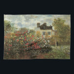 Monet's Garden at Argenteuil by Claude Monet Tea Towel<br><div class="desc">The Artist's Garden in Argenteuil (A Corner of the Garden with Dahlias) (1873) by Claude Monet is a vintage impressionism fine art floral nature painting. A country farm house is in the background. A couple in love is walking past a romantic spring season garden with blooming roses and other flowers....</div>