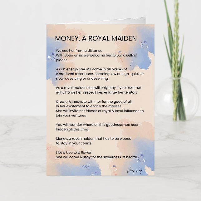Money, A Royal Maiden Inspirational Poem Poetry  Foil Greeting Card (Front)