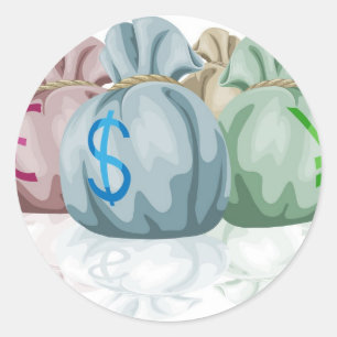 Money bag sacks containing currencies classic round sticker