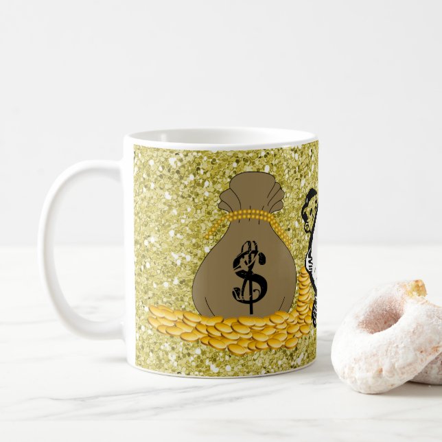 Money Bags Gold Faux Glitter Coffee Mug (With Donut)