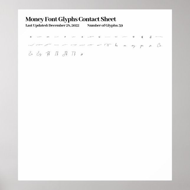 Money Font Glyphs Contact Sheet Poster (Front)