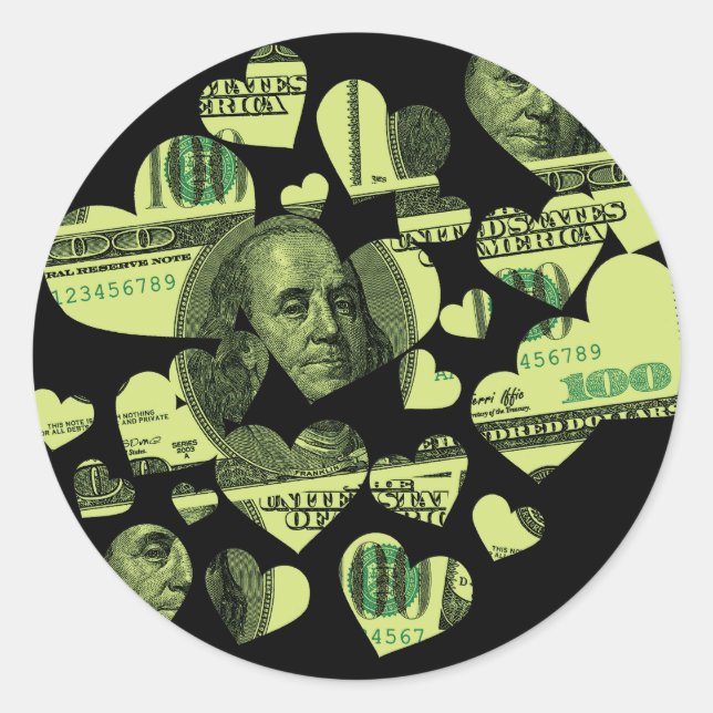 Money Hearts Classic Round Sticker (Front)